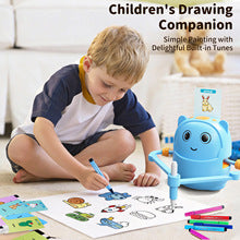 
blue 3-in-1 music and art learning station toy with a robot arm and pen, shown on a wooden table with drawing cards, music notes, and product feature icons.